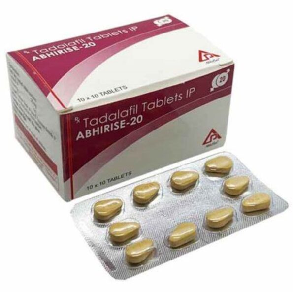 Abhirise 20 mg Tadalafil tablets for effective treatment of erectile dysfunction, packaged by Abhiflax Pharma in strips of 10, high-potency ED medication.