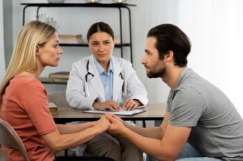 An image of a happy couple discussing treatment options with a healthcare provider to emphasize a supportive approach to managing ED post-surgery.