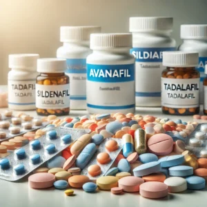 An image showing different types of erectile dysfunction medication pills, such as small, colorful pills and tablets, in a neat arrangement. Some pill