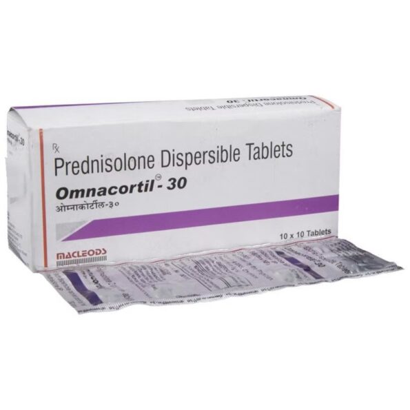 Omnacortil 30mg Tablet containing Prednisolone, corticosteroid for treating inflammation, allergies, arthritis, and immune disorders.