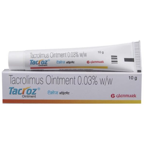 Tacroz Forte Ointment 0.1% for eczema treatment, Tacrolimus cream for immune suppression in atopic dermatitis, 10gm tube for skin health.