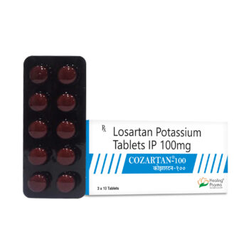 Losartan 100 mg Tablet (Cozartan) - Generic Losartan Potassium medication for hypertension, stroke risk reduction, and kidney protection in diabetes patients. Available online at low prices with doorstep delivery.