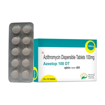 Azeetop 100 DT Tablets - Azithromycin-based antibiotic for bacterial infections like pneumonia, ear infections, and skin conditions. Manufactured by Healing Pharma.