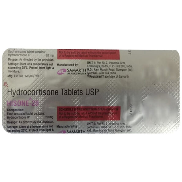 Buy Hisone 20mg Tablet (Hydrocortisone) Online – Effective Treatment for Inflammatory Skin Conditions, Allergies, and Hormonal Disorders at Emedstrip